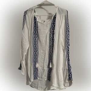 White Flowy, Long-Sleeved V-Neck Women’s Blouse with Blue Embroidery- Size XL